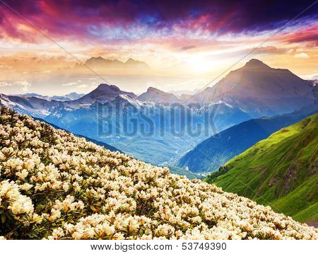 Fantastic mountain landscape with colorful cloud. Dramatic overcast sky. Upper Svaneti, Georgia, Europe. Caucasus mountains. Beauty world.