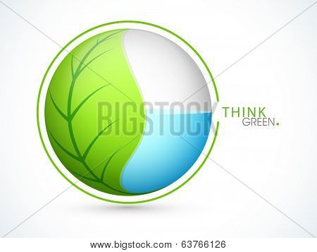 World Environment Day concept with green leaf and water inside in a globe on grey background with text Think Green.