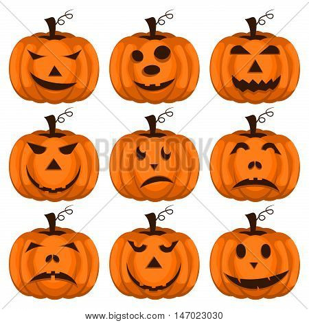 Set pumpkins for Halloween. Set of spooky halloween jack o lanterns. Halloween pumpkin orange scary holiday jack o lanterns symbol. Funny halloween pumpkin jack o lantern face vector set.