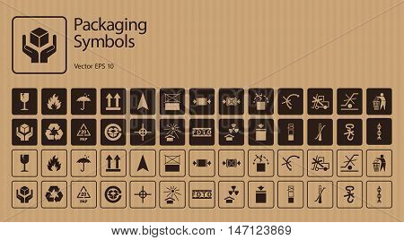 Vector packaging symbols on cardboard background. Icon set including Waste recycling, Fragile, Flammable, This side up, Handle with care, Keep dry, Protect from radiation and other handling symbols.