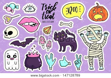 Halloween fashion quirky kawaii cartoon doodle patch badges with cute ghosts and pumpkins. Vector illustration. Set of stickers, pins, patches in cartoon comic style of 80s-90s. Vector collection