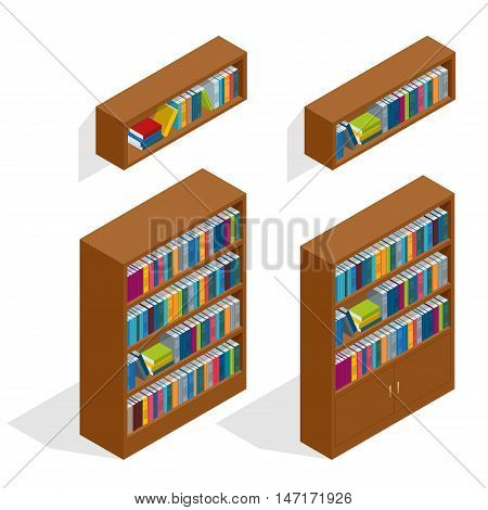 A vector illustration of a set of bookshelves. Bookcases with books. Isometric library books and shelves.