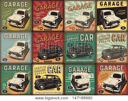 Vector illustration with the image of an old classic car, design logos, posters, banners, signage. Using vintage and grunge style. Retro illustration on the theme of service stations, tire service.