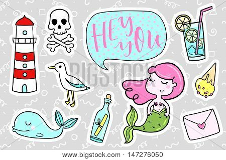 Fashion quirky cartoon doodle patch badges with cute elements. Vector illustration isolated on background. Set of stickers, pins, patches in cartoon comic style of 80s-90s. Vector collection