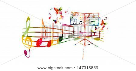 Creative music style template vector illustration, colorful music stand with music staff and notes, choir singing background. Design for poster, brochure, banner, concert, festival and music shop