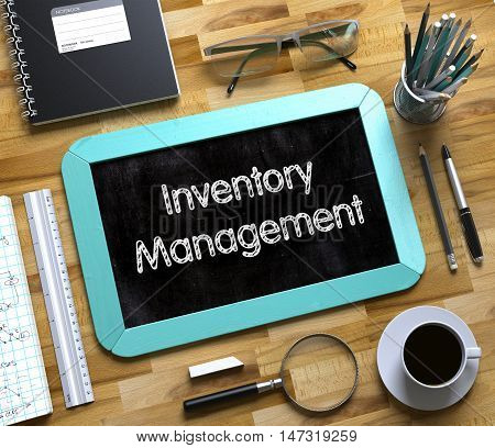 Inventory Management on Small Chalkboard. Small Chalkboard with Inventory Management Concept. 3d Rendering.