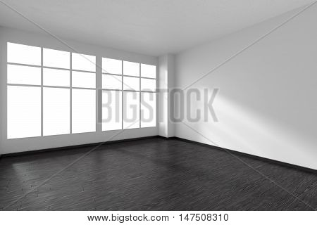 Black and white empty room with black hardwood parquet floor and big window and white walls and sunlight from window minimalist interior 3d illustration