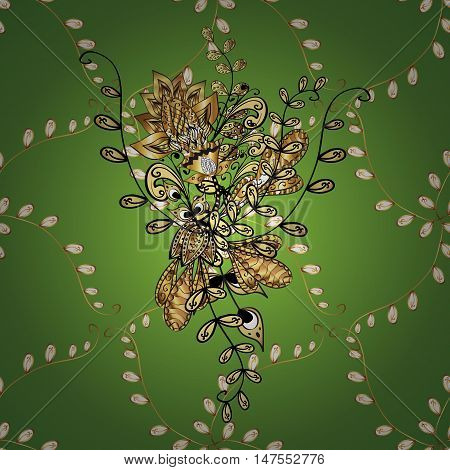 Vector pattern on green gradient background with golden flowers