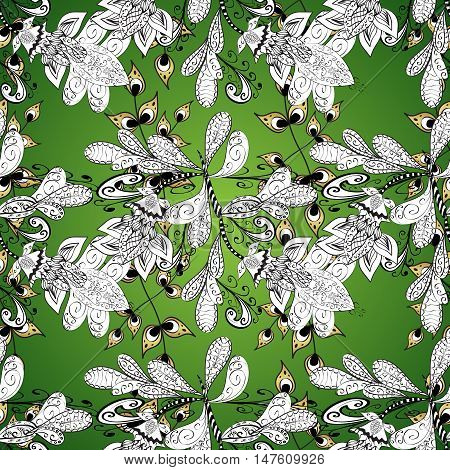 Seamless vintage pattern on green background with golden elements.