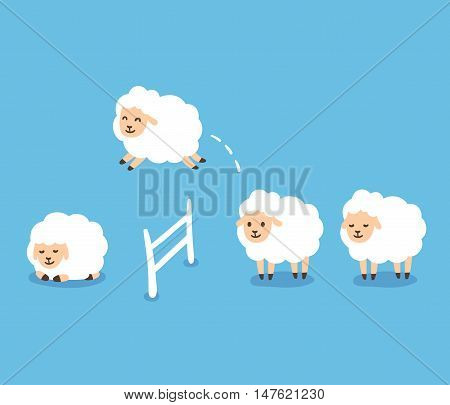 Counting sheep to fall asleep vector illustration. Cute cartoon sheep jumping over fence.