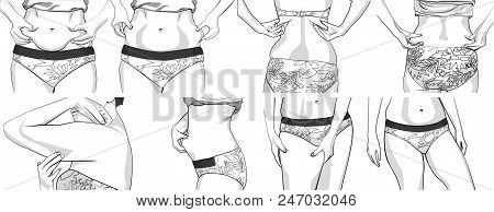 Set Women With Fat Belly. The Girl Clamps The Fold Of The Belly With Both Hands. Female Hands Touchi