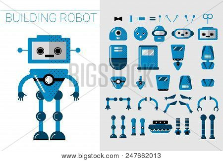 Diy Set Of Vector Robots Details In Flat Cartoon Style. Cute Cartoon Robotic Separate Parts For Crea