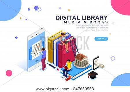 Media Book Library Concept. E-book, Reading An Ebook To Study On E-library At School. E-learning Onl