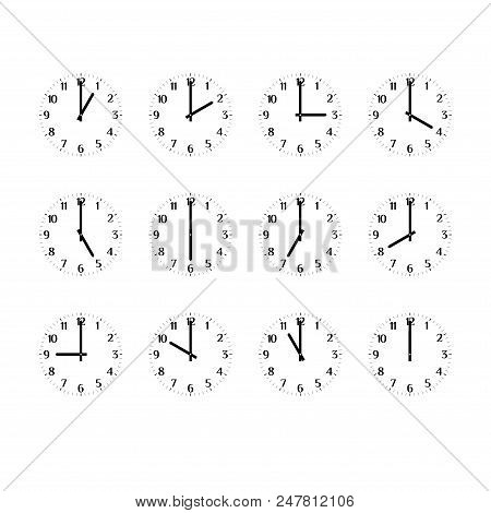 Clock Icon Set Showing The Times Of Day. Clock Face, Hour And Minute Hands. Arabic Numerals. Black A