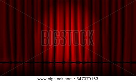 Stage Curtains Light By Searchlight. Realistic Theater Red Dramatic Curtains, Spotlight On Stage The