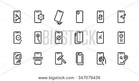 Smartphone Repair Icons. Dropped Phone With Cracked Screen, Broken Tempered Glass Protection, Water 