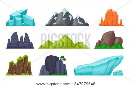 Mountain Set. Cartoon Rocky Hills And Creeks, Snowy Mountain Peaks And Glaciers, Desert Cliffs. Vect