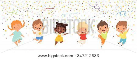 Kids Anniversary. Happy Childrens Jumping In Confetti Stars Celebration Fun Party Time Vector Teenag