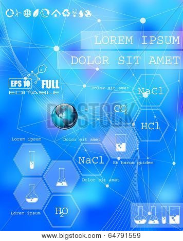 Vector web and mobile interface info graphic template. Flat corporate website design. Minimalistic multifunctional media background. Editable. Options, Icon, Banner. Chemistry and science concept.