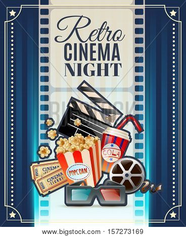 Retro cinema club night invitation poster  with movie theater tickets 3d glasses and popcorn snack vector illustration