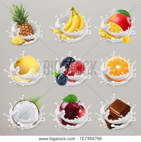 Fruit, berries and yogurt. Mango, banana, pineapple, apple, orange, chocolate, melon, coconut. 3d vector icon set 2