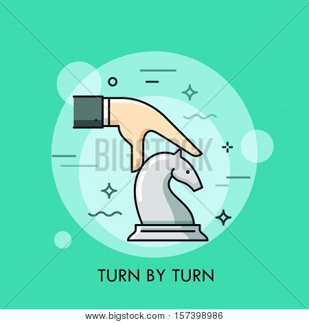 Hand moving white knight chess piece. Turn by turn smart strategy business concept. Board game competition icon. Vector illustration in thin line style for website, banner, poster, advertisement.