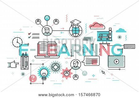 Thin line flat design banner for e-learning web page, distance education, online training and courses. Modern vector illustration concept of word e-learning for website and mobile website banners.