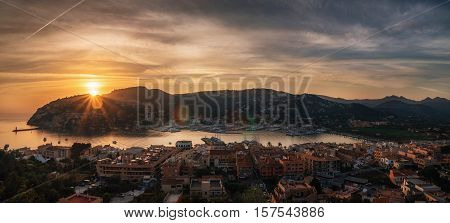 Panoramic view of Harbour of Port de Andratx at sunset Mallorca Balearic Islands Spain Europe