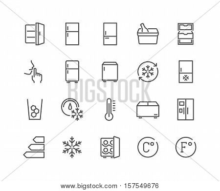 Simple Set of Fridge Related Vector Line Icons. Contains such Icons as Portable Fridge, Ice Machine, Silence and more. Editable Stroke. 48x48 Pixel Perfect.