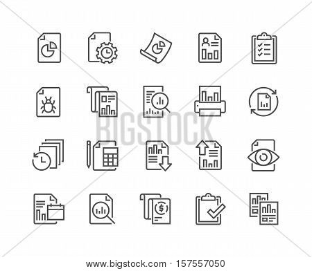 Simple Set of Report Related Vector Line Icons. Contains such Icons as Auto Reports, Calculation, Settings, Generate and more. Editable Stroke. 48x48 Pixel Perfect.