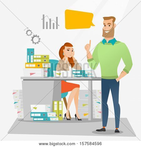 Stressed office worker looking at her happy employer. Stressful employee sitting at workplace with many stacks of papers. Concept of stress at work. Vector flat design illustration. Square layout.