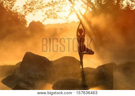 Silhouette yoga Asia young woman practicing yoga in the forrest and sport yoga