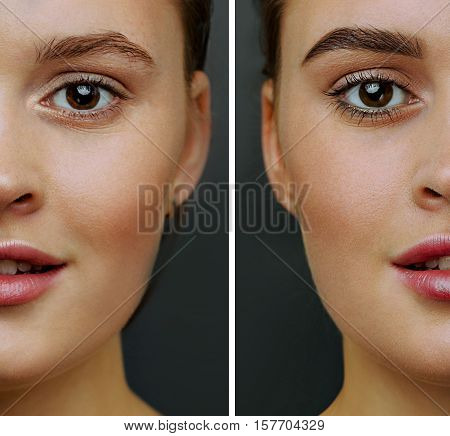 Female face, with perfect skin, cut in half to present before and after  coloring, styling eyebrows.