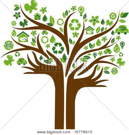 Green tree with hands-shaped trunk and many ecological icons and logos