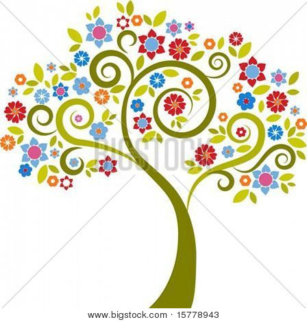 Colourful decorative tree with floral graphic elements