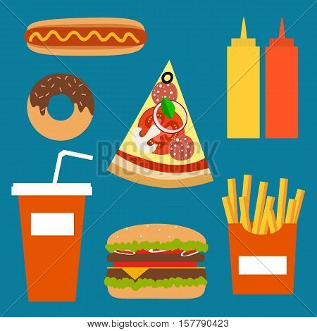 Fast food background concept. Vector fast food meal illustration. Concept of flat fast food icons. Colorful fast food vector concept  for your design. Fast food elements isolated.