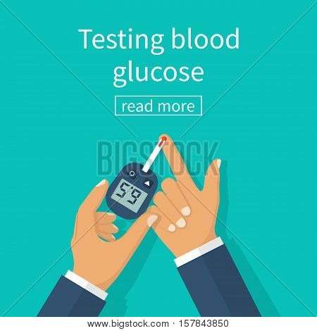 Diabetes concept man holds in hand glucometer measures blood sugar level. Blood drop test strip. Medical diagnostics apparatus at home. Vector illustration flat design. Equipment monitoring health.