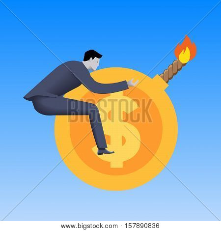 Toxic money business concept. Businessman flying on cannonball in form of gold coin with dollar sign and this cannonball is ready to explode. Toxic money debt derivatives.