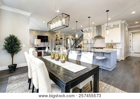 Beautiful Kitchen In Luxury Modern Contemporary Home Interior With Island And Chairs