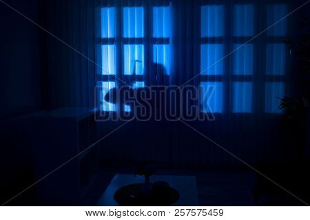 
burglary or thief breaking into a home at night through a back door, view from inside the residence