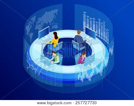 Isometric Business Data Analytics Process Management Or Intelligence Dashboard On Virtual Screen Sho