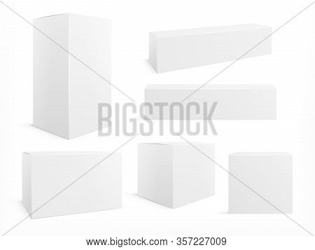 Packaging Box. White Boxes Pack, 3d Packages For Products. Isolated Medical Cardboard Block. Realist