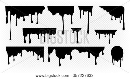 Dripping Ink. Melting Paint, Liquid Drops Black Oil. Isolated Splashes, Graffiti Elements. Spray Str