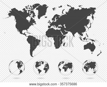 Set Of Transparent Globes Of Earth. World Map Template With Continents. Realistic World Map In Globe