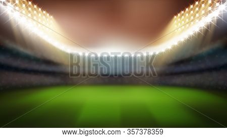 Cricket Or Rugby Stadium With Bright Lights Vector. Blurred Empty Stadium With Green Grass, Tribunes