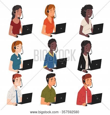 Collection Of Call Center Operators, Male And Female Online Customer Support Service Assistants With