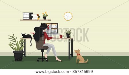 Work Form Home Concept Background Of Woman Working With Computer On Table In Room At Her Home With A