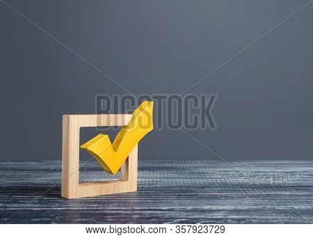 Yellow Voting Tick In A Checkbox. Democratic Institutions, Vote On Democratic Elections, Referendum.