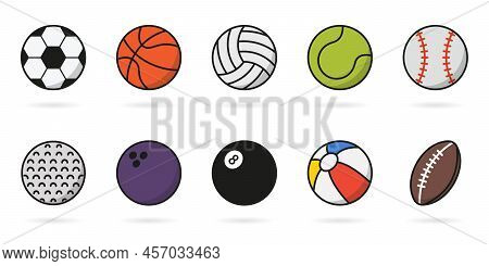 Set Of Sport Game Balls Icon. Collection Of Balls For Basketball, Baseball, Tennis, Rugby, Soccer, V