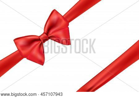 Realistic Red Wrap Ribbon. Satin Bow Or Fashion Tie, Band Corner Bow Transparent Background Present 